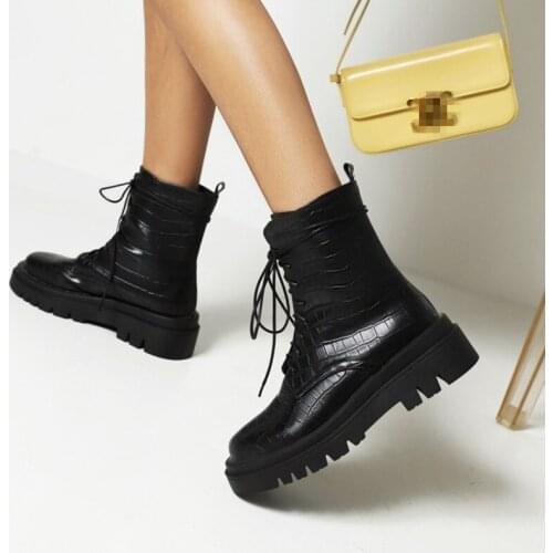 Ochanmeb INS Chic Waterproof Platform Motorcycle Boots for Women Autumn Winter Crocodile Leather Round Toe Boots Woman Shoes 43