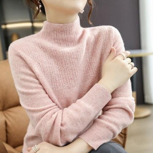 Autumn Winter Womans Sweaters Casual Half Turtleneck Long Sleeve Female Pullover 100%Wool Knitted sweater Tops Jumper For woman