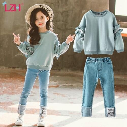 LZH 2021 Autumn Sets For Teenager Girls Lace Sleeve Sweater + Denim Trousers Fashionable Soft Children Wear Clothing Kids Suits