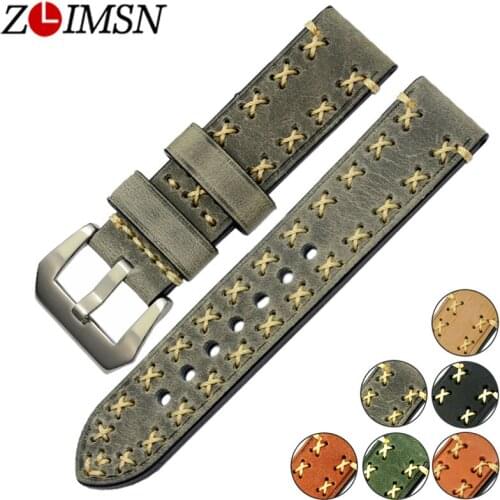 ZLIMSN Watchbands Italy Genuine Leather Watch Strap Belt Replacement 20mm 22mm 24mm 26mm Silver Brushed Stainless Steel Buckle