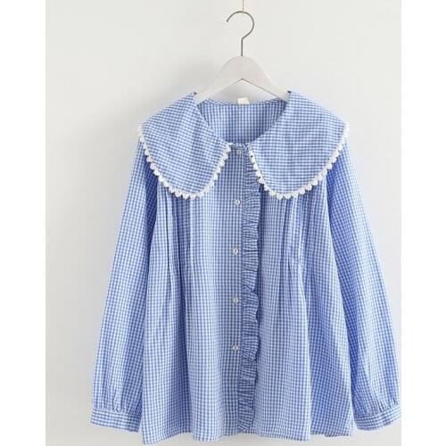 Lamtrip Unique Sweet Peter Pan Collar Ruffles Cotton Long Sleeve Plaid Lolita Shirt Mori Girl Blouse 2021 Autumn
