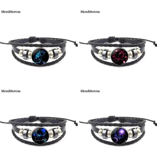 Mendittorosa Glass Cabochon Newest Jewelry For Woman Vintage Statement Black Leather Bracelet Bangle 12 Constellations