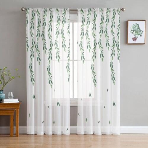 Plant Green Leaves Sheer Window Curtains for Living Room Bedroom Modern Tulle Curtains Fabric Drapes