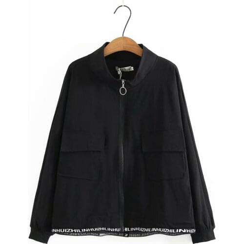 Plus size womens jacket stand collar pocket cotton autumn 2021 womens clothing loose black Womens outerwear zipper coat women
