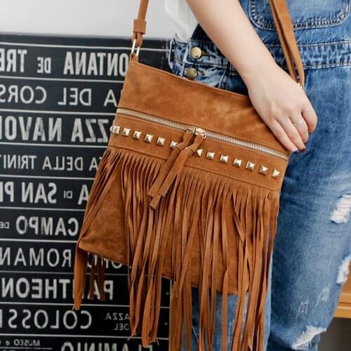 Women Shoulder Bag Solid Tassels Zipper Crossbody Bag 2020 Fashion Tassel Rivet Suede Shoulder Messenger Bags For Women Handbag
