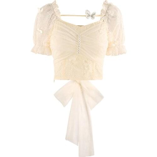 Embroidery Crochet Lace Puff Short Sleeve Square Neck Cute Bow Frill Ruffle White Crop Top Women Bandage Off Shoulder T-Shirt