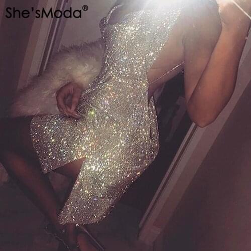 ShesModa Diamonds V-neck Alloy Metal Slit Halter Backless Party Club Womens Mini Dress