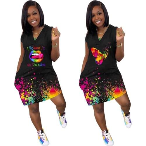 MCK-439 Butterfly Dress for Women Mouth I Licked It Black V Neck Sleeveless Shirt Dress Casual Loose Daily Wear Clothes