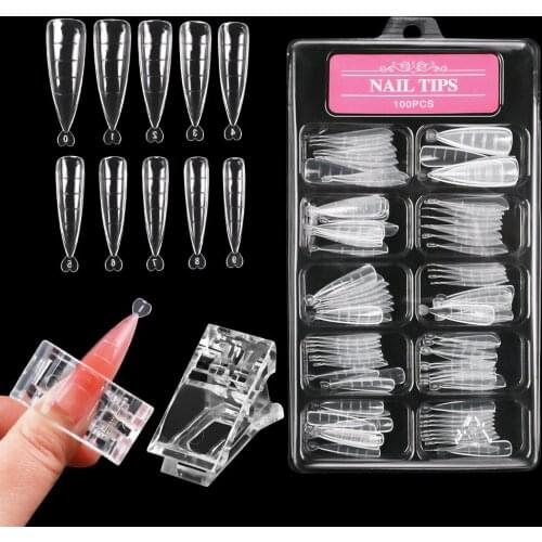 100pcs Clear Almond Long Style Nail False Tips with Nail Clip Stiletto Plastic Nails UV Gel French Manicure Full Cover Tip