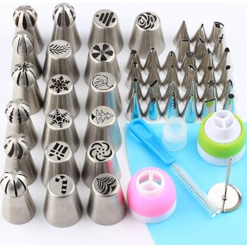 58Pcs/Set Russian Piping Nozzles Tips Cream Lace Christmas Suit Stainless Steel Silicone Icing Piping Nozzle DIY Cake Decorating