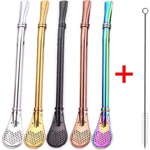 6PCS Reusable Straw Stainless Steel Straws Metal Straw Tubules Yerba Mate Filter Spoon Drinking Tube Tea Tool + Cleaner Brush