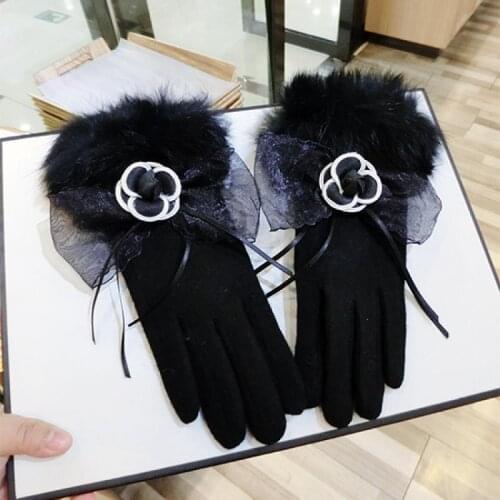 Flower Black Rabbit Fur Mouth Bow Ribbon Gloves Winter New Touch Screen Five-Finger Fashion Finger Warm Gloves Women