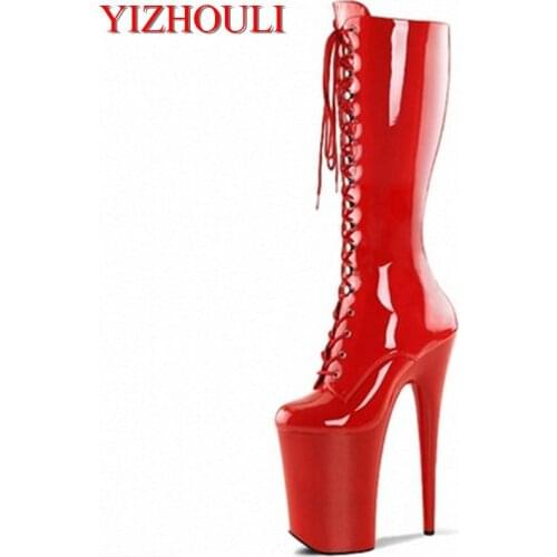 8 inch high heel boots for women, 20cm high heel zipper open-top model shoes, mid boot, sexy model stage and knee boots