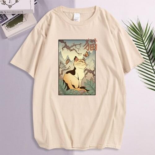 Japanese Cat Cartoon Print Kawaii Mens Short Sleeve T Shirt Breathable Street Goth Male T-Shirts Casual Punk Grunge Man Tops