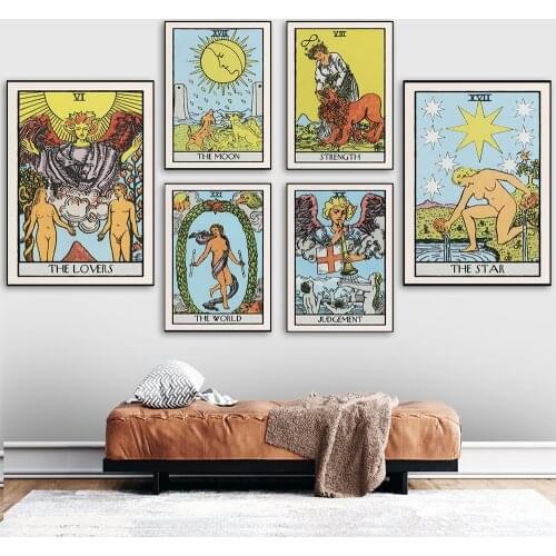 Fortune Telling Judgement Tarot Card Prints Wall Art Zodiac Quote Poster Strength Star Sun Canvas Painting Retro Pictures Decor