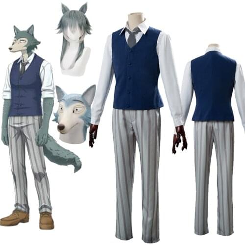 Anime Beastars Cosplay Costumes Wig Mask Grey Wolf Legoshi Uniform Carnivore Legosi Cosplay Costume Cherryton Academy Blue Suit