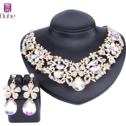 Fashion Full Clear Rhinestones Statement Necklace Earrings For Women Indian Bridal Wedding Accessories Decoration Jewelry Sets