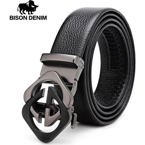 BISON DENIM Automatic Buckle Men Belt Cow Genuine Leather Luxury Strap Male Gold Black Metal Buckle Fashion Belt for Man N71485