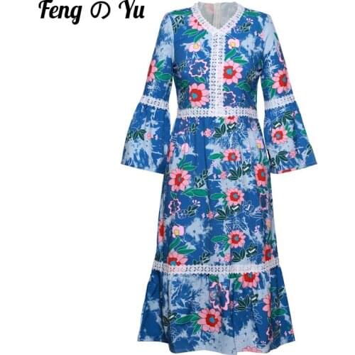 Autumn Fashion Plus Size Dress Ladies Flared Sleeves V-Neck Lace Skirt Patchwork Flower Print 2021 New Ladies Retro Blue XL