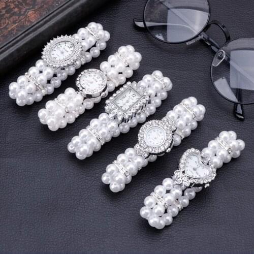 Null Women Watch Simulated Pearl Rhinestone Luxury Fashion Elegant Wrist Band Bracelet Jewelry Gifts Lady Elastic Universal
