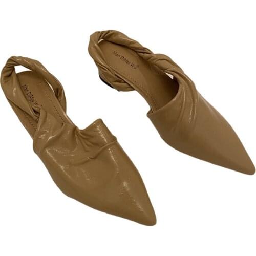 High-heeled Sandals Medium Chunky Heel Pointed Toe New Fashion Shallow Pleated Women Pumps Shoes Slip-on Rubber Patent Leather