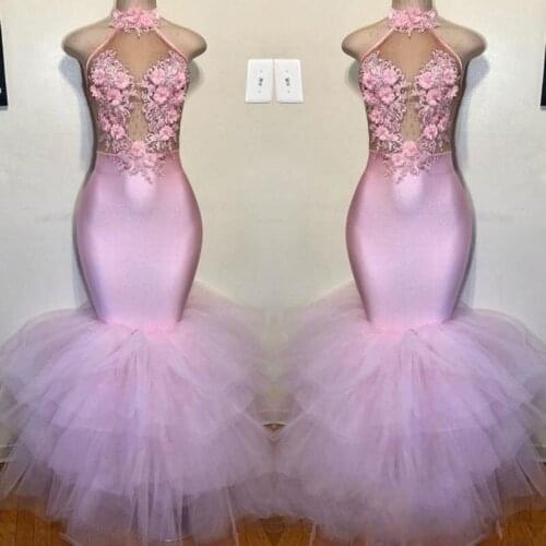 Sexy Halter Pink Mermaid Prom Dresses 3D Flowers Layer Bottom Bead Evening Gowns Elastic Satin Africa Womens Party Dress