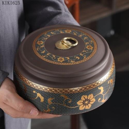 Vintage Round Ceramic Storage Jar with Lid Copper Ring Purple Sand Tea Cans Kitchen Storage Container Household Candy Sealed Jar