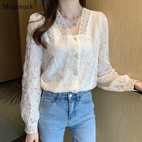 2021 New Korean Chic Embroidery Floral Top Spring V-neck Lace Crochet Women Blouse Long Sleeve Elegant Splicing Lace Shirt 13979