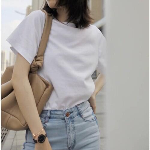 2021 White T-shirt Womens Short-sleeved Pure Cotton Loose Large Size Half-sleeved Round Neck Folded To Wear T-shirt Summer