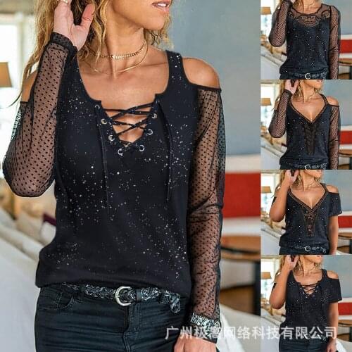Womens clothing New Fashion Sexy lace Blouse Cold Shoulder Sheer Mesh Lace Blouse Loose long sleeve Tops Tshirt