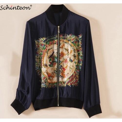 Schinteon Women Summer Silk Jacket 100% Real Silk Baseball Jacket Print Zip-up Sweatshirts Top Fall Autumn Outwear