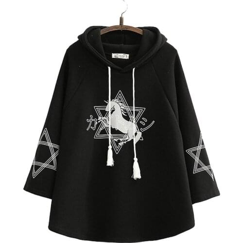 Winter Fleece Women Harajuku Hoodies Japane Style Print Hooded Plus Velvet Warm Sweatshirts Girl Casual Pullovers 2011125