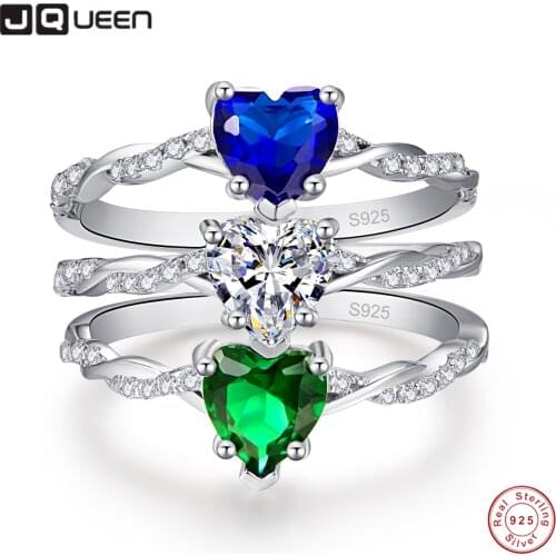 JQueen Classic Real Solid 925 Sterling Silver Ring Heart Shaped Twist Arm Zircon Wedding Jewelry Rings Engagement Women