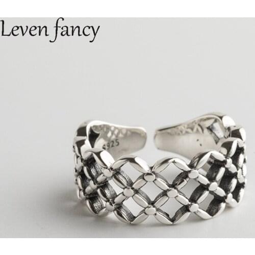 Fashion Ring 925 Sterling Silver Jewelry Woven Mesh Rings for Girls Leaf Flower Band Wide Thick Ring Anillos Mujer Bague Anel