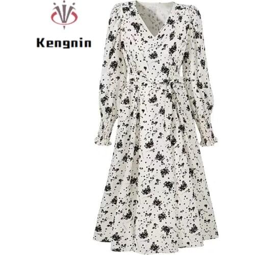 2021 Autumn Winter Print Floral Womens Dresses Hollow Out Sexy Female Robe Dress Long Sleeve Chiffon Dress Lady Vestidos KE1755