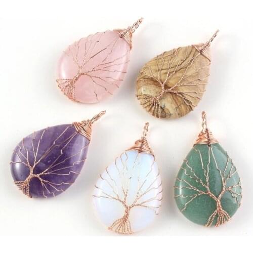 1PC natural rose quartz amethyst tree life guard mineral jewelry fashion simple couple decoration pendant DIY gift pendant