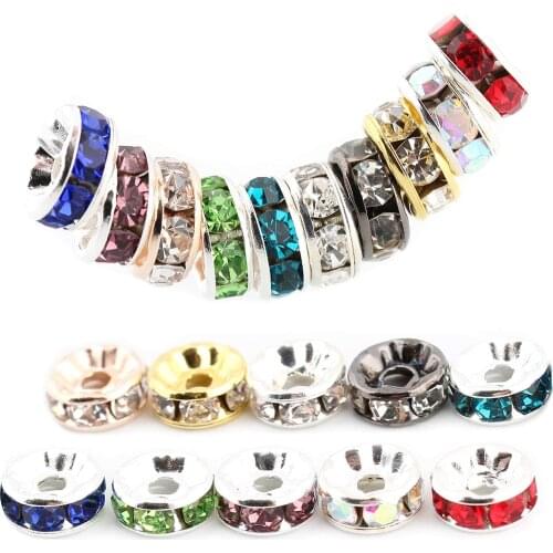 200pcs 8mm Round Rondelle Spacer Beads Copper Silver Plated Mixed Crystal Rhinestone Beads for Bracelets Jewelry Making