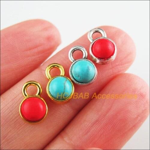 30 New Tiny Round Charms Tibetan Silver Tone & Gold Color Red & Blue Stone Pendants 7x10mm
