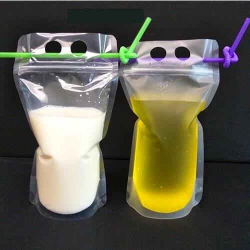 500pcs Plastic Drink Pouches Bags with Straws Zipper Non-Toxic Disposable Drinking Container Party Tableware W0126