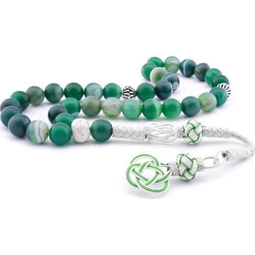 Babba 1000k Silver Tasbih Tasbih Sphere Cut Matte Green Agate Natural Stone Tasbih