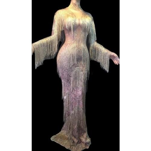 Shining Big Crystals Tassel Dress Sexy Nightclub Stones High Neck Long Dress Costume Prom Birthday Celebrate Dresses Outfit