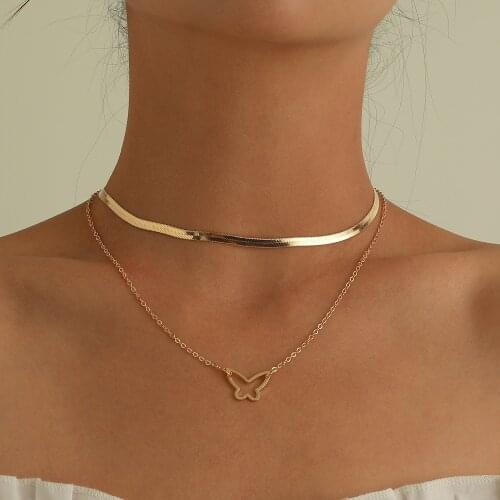 Personality Double Layer Hollow Butterfly Necklace Pendant For Women Fashion Simple Clavicle Choker Snake Chain Necklace Jewelry