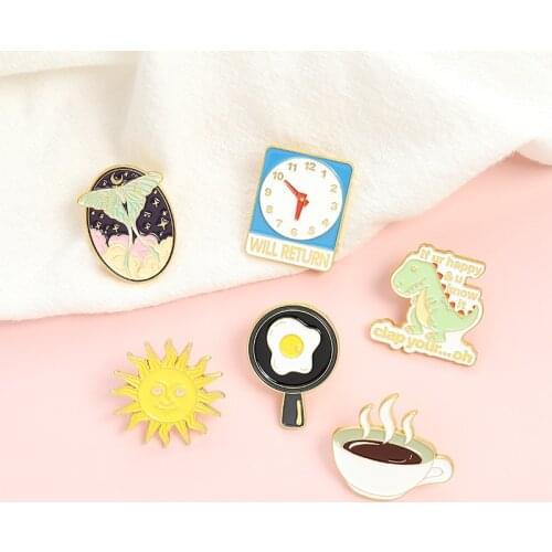 Clock Fried Egg Coffee Sun Dinosaur Enamel Pins Daily Brooch Lapel Badge Custom Cartoon Jewelry Gifts for Kids Friends Wholesale