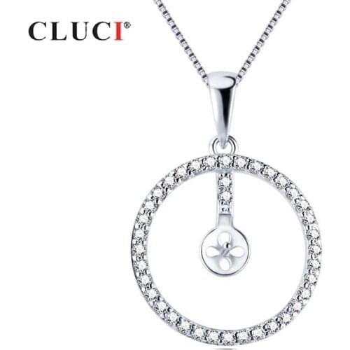 CLUCI Silver 925 Round Circle Zircon for Necklace Jewelry Women 925 Sterling Silver Simple Wish Pearl Pendant Mounting SP411SB
