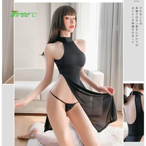 Erotic Lingerie Womens Uniform Temptation Ultra-thin Ice Silk Hollow High Waist Slit Sexy Cheongsam Dress Clubwear Corset Dress