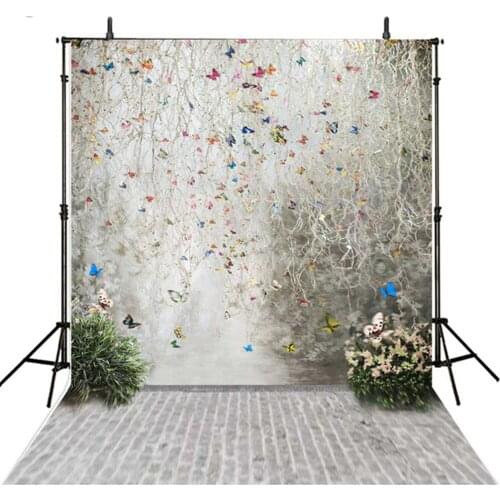 Blue Butterfly Photography Background Backdrop 5x7 Gray Wall Brick Wall Floor Photo Background Bacdrop Flowers for Wedding Props