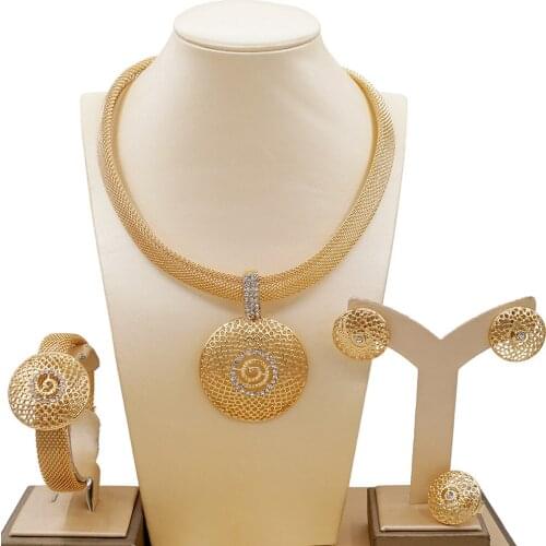 Yulaili Classic Nigerian Wedding Bridal Jewelry Sets Gold Color Multi-layer Necklace Bracelet Earrings Ring Fine Jewelery Set