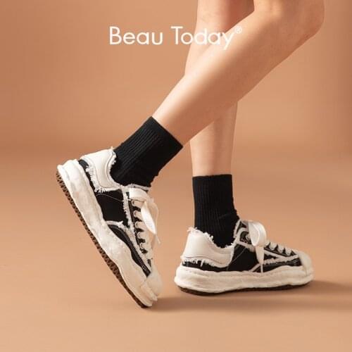 BeauToday Platform Sneakers Women Cow leather Denim Patchwork Lace Up Retro Ladies Shoes Chunky Sole Handmade 29127