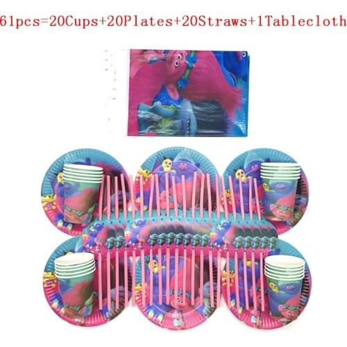 Hot Sale 61/31Pcs Cartoon Trolls Theme Child Girl Birthday Wedding Decoration Flexible Straws Paper Cup Plate Decoration Supply