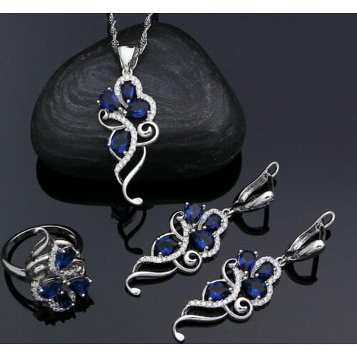 925 Sterling Silver Party Jewelry Sets For Women Blue Stones White Crystal Drop Earrings Necklace Pendant Ring Silver Kit